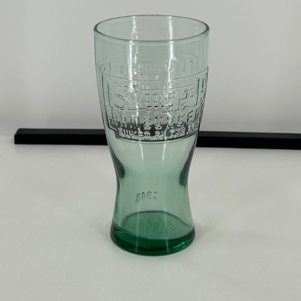 McDonalds 1948 Famous Hamburgers Green Glass Embossed Vintage Style